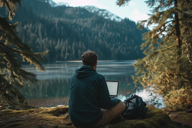 Photo a man is sitting on a rock outdoors with a laptop placed on his lap engaged in work or leisure activities an it professional working remotely from a serene location ai generated