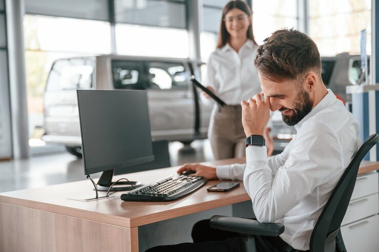 Photo man is sitting and smiling woman in white clothes in the car dealership
