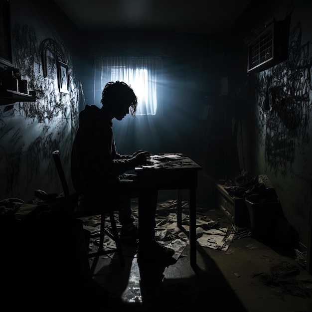 a man is sitting at a table in a dark room with a sign saying  no smoking