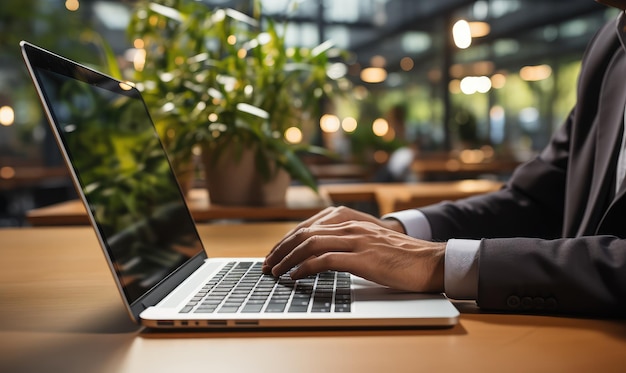 A man is sitting at a table in a store and using a computer