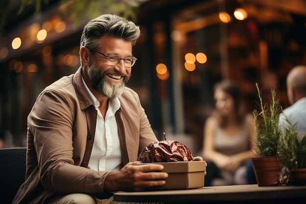 A man is sitting at a table with a box in front of him