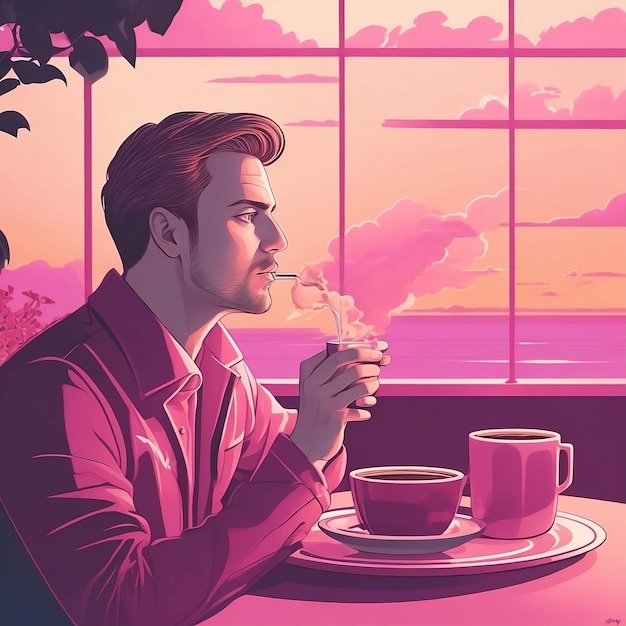 a man is sitting at a table with a cup of coffee on pink background