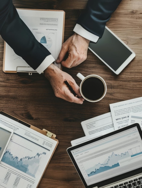 Foto un uomo è seduto a un tavolo con una tazza di caffè e un tablet con le parole quote dati finanziari