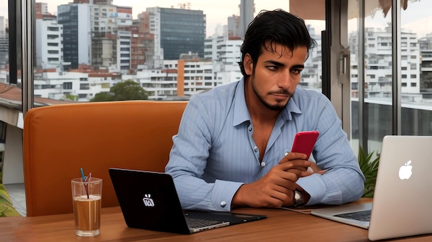 a man is sitting at a table with a laptop and a glass of beer