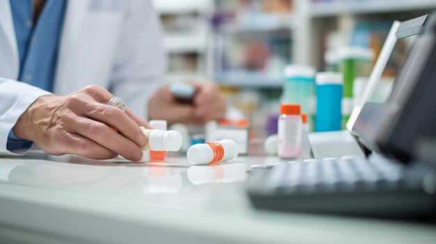 a man is sitting at a table with pills and a bottle of medicine