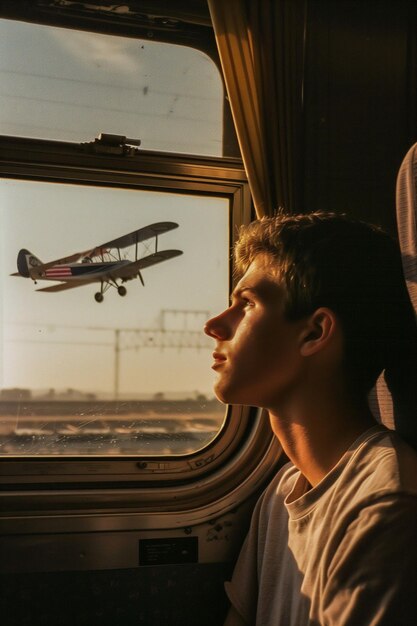 Photo a man is sitting in a train looking out the window at an airplane