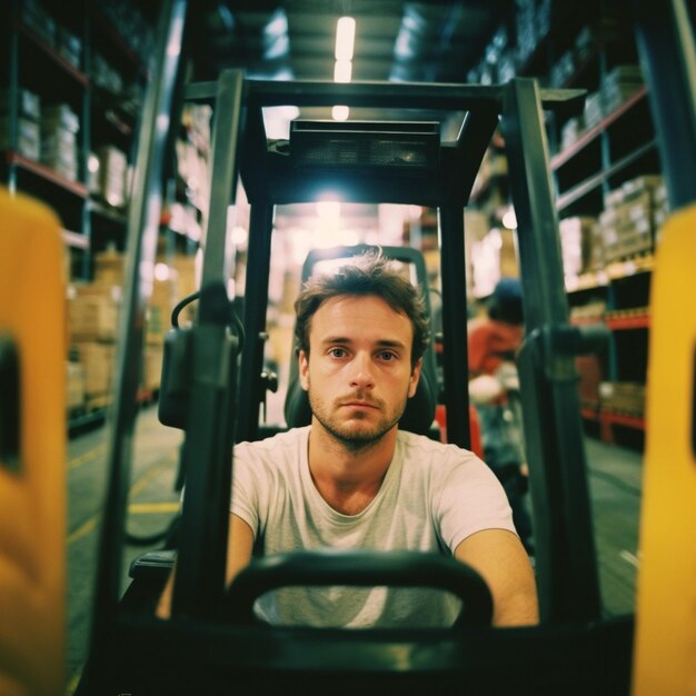 A man is sitting in a warehouse with a yellow vehicle.