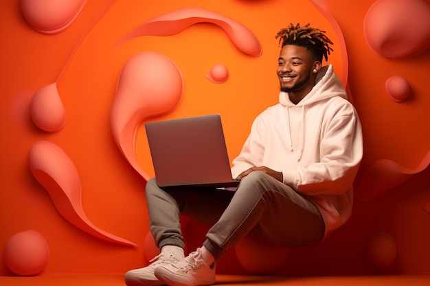 A man is sitting with a laptop in front of clouds on bokeh background