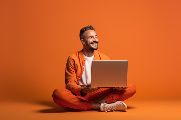 Photo a man is sitting with a laptop in front of clouds on bokeh background