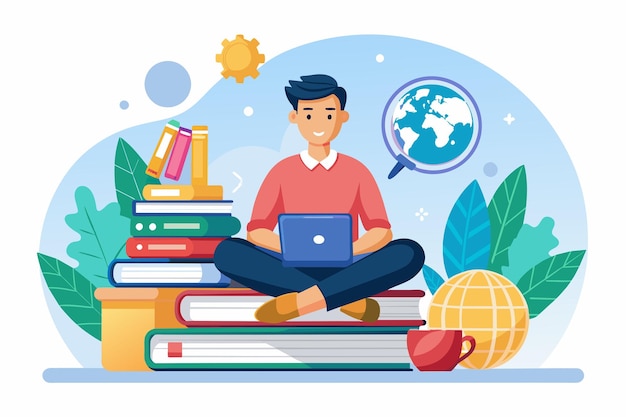 Photo a man is sitting with a laptop open in front of a stack of books man in front of a laptop sitting with books on online learning simple and minimalist flat vector illustration