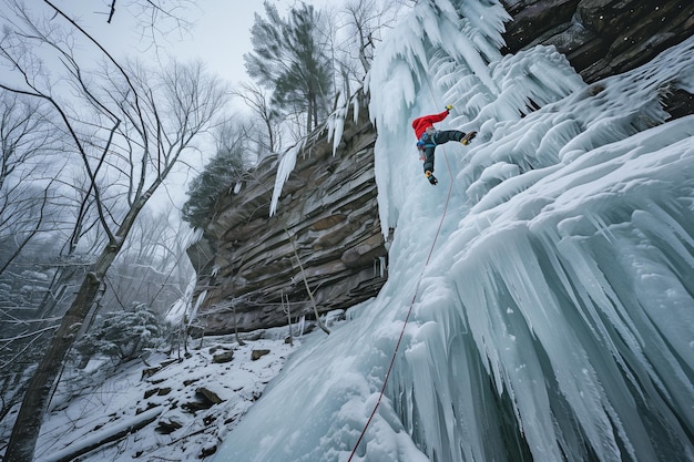 Человек катается на лыжах на замороженном водопаде.