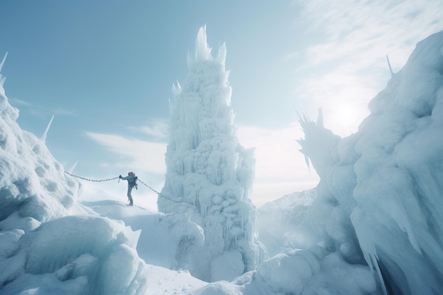 A man is skiing between two tall trees with the sun shining through the ice.