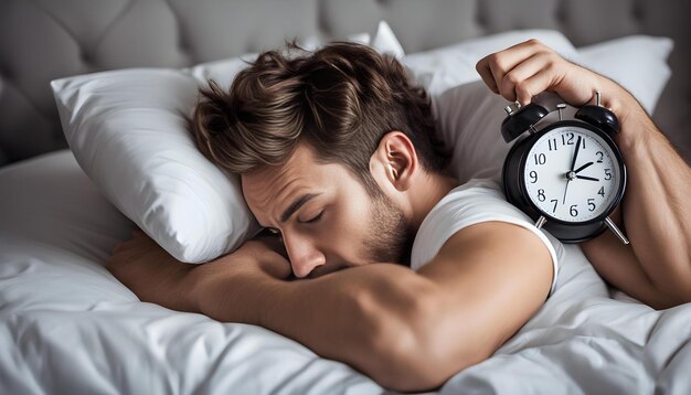 Photo a man is sleeping in bed with a clock in his hand