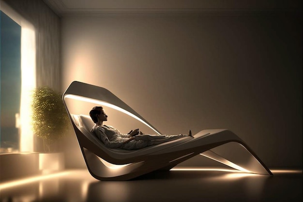 A man is sleeping in a chair that has a glowing light on it.