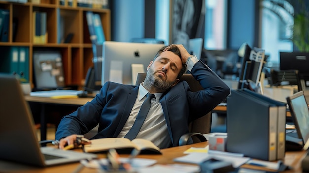 a man is sleeping in a chair with his head on his head