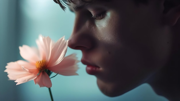 Man is smelling a pink flower cinematic photo highly detailed High quality