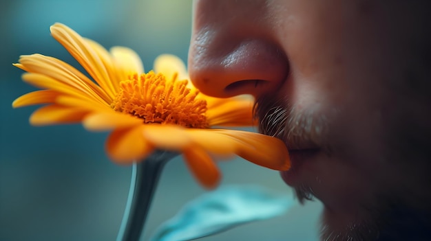 Man is smelling a yellow flower cinematic photo highly detailed High resolution