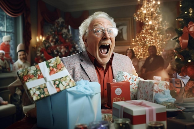 A man is smiling and holding a gift with a christmas tree in the background.