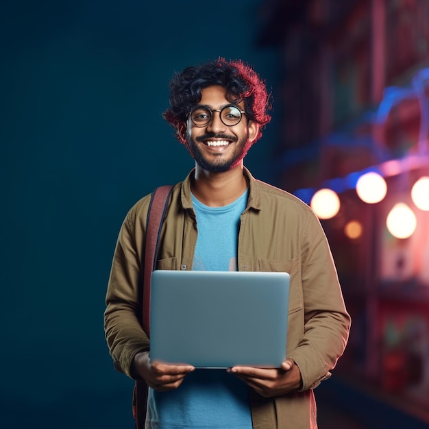 A man is smiling and holding a laptop in his hands.