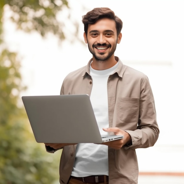 A man is smiling and holding a laptop with a tree in the background.