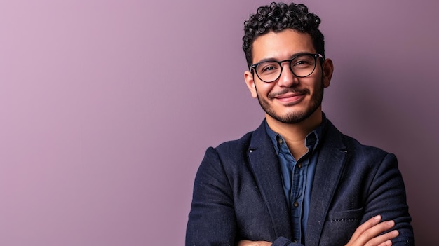 Man is smiling and standing confidently with his arms crossed set against a plain purple background