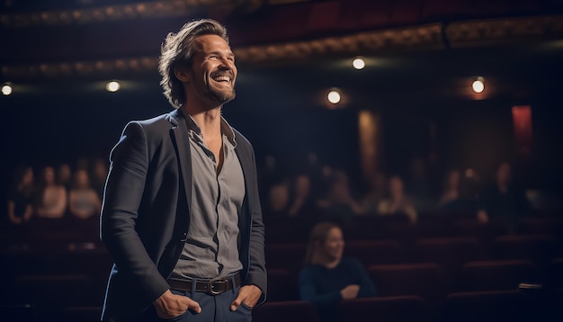 A man is smiling in a theater with a crowd of people watching him