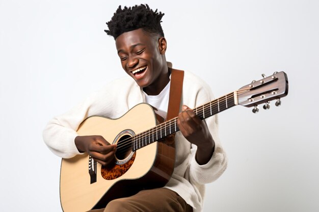 a man is smiling while playing a guitar