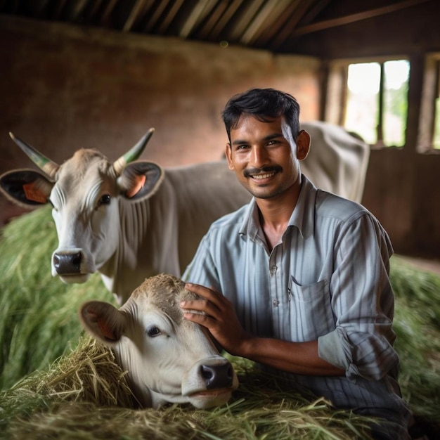 Photo a man is smiling with two cows and one has a tag on his ear