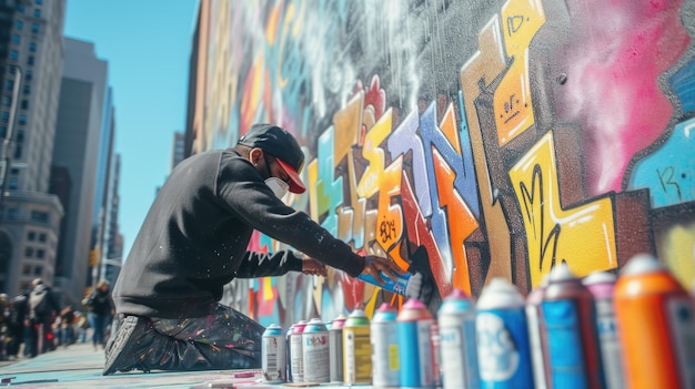 Photo a man is spray painting graffiti on a wall aig41