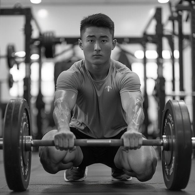 Photo a man is squatting with a barbell that says  gym