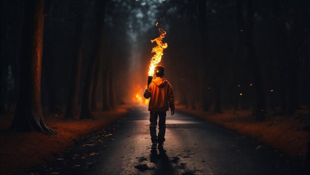 Photo a man is stand behind the bonfire