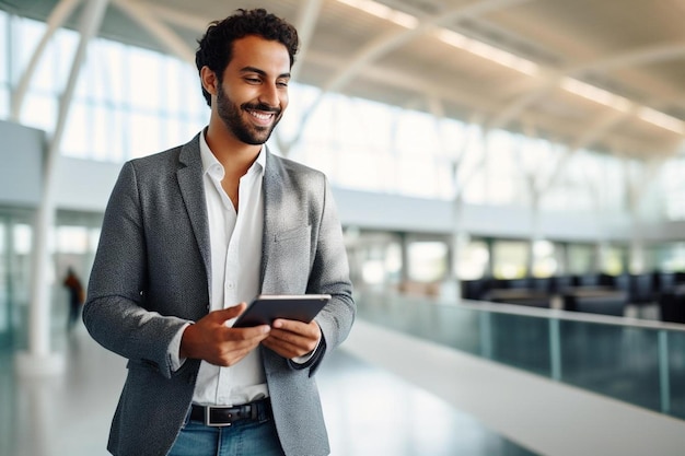 a man is standing in an airport with a tablet