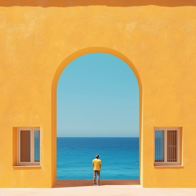 A man is standing in an arch of a building with the ocean in the background