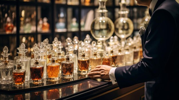Photo a man is standing behind a bar full of alcohol