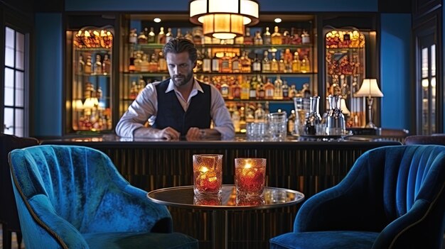 Photo a man is standing at a bar with a candle in front of him