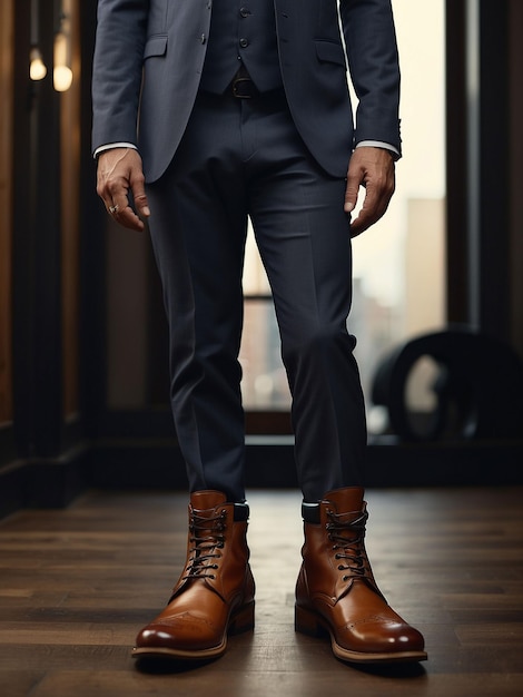 Foto un uomo è in piedi in stivali scarpe e abito