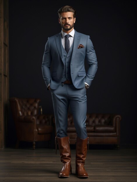 Photo a man is standing in boots shoes and suit