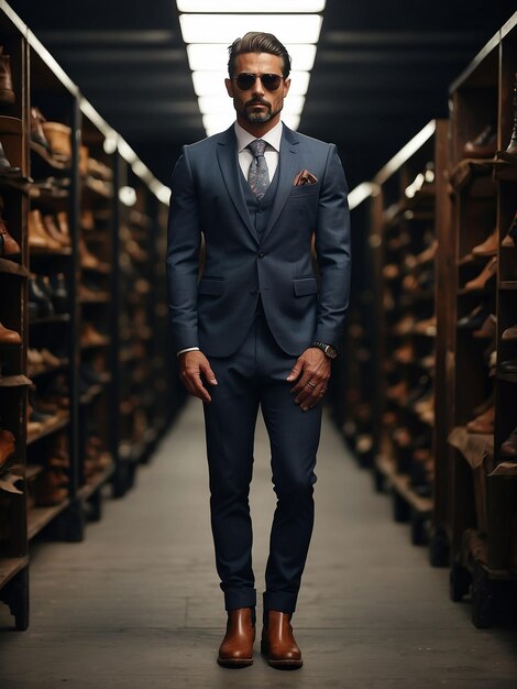 A man is standing in boots shoes and suit