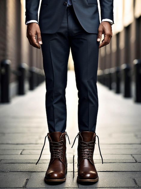 A man is standing in boots shoes and suit