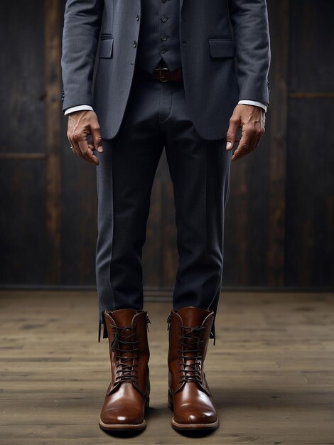 A man is standing in boots shoes and suit