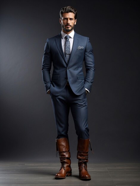 A man is standing in boots shoes and suit
