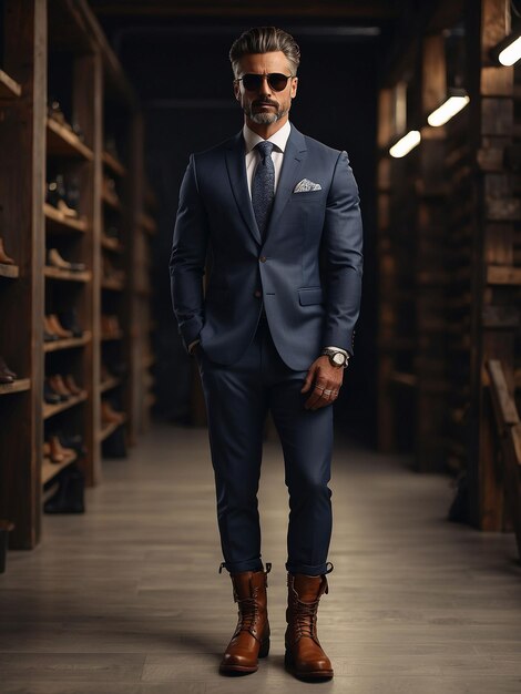 A man is standing in boots shoes and suit