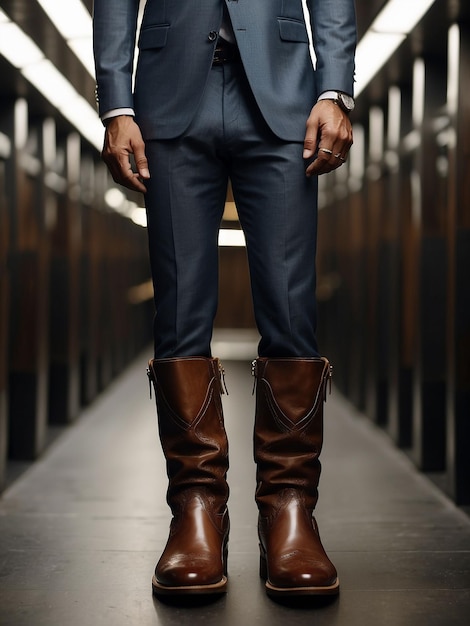 A man is standing in boots shoes and suit