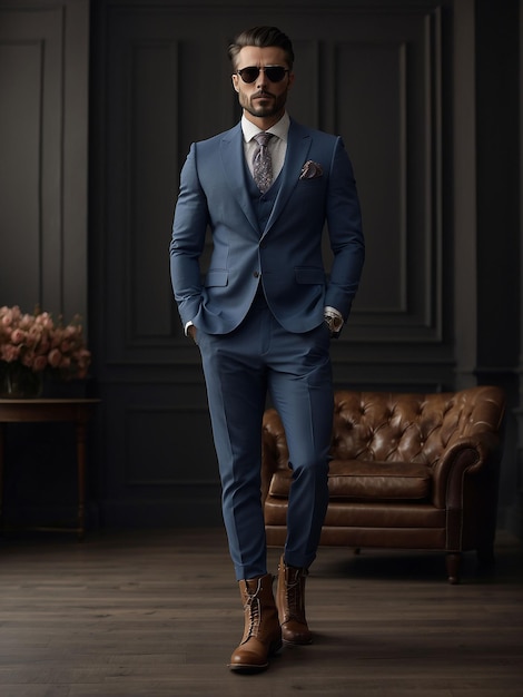 A man is standing in boots shoes and suit