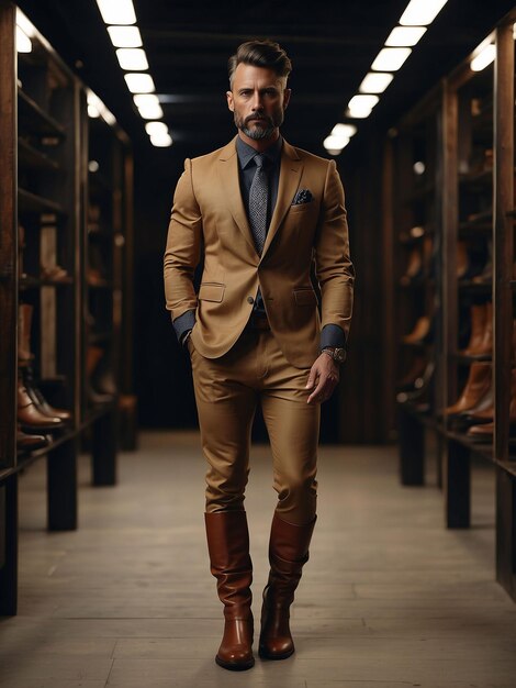 A man is standing in boots shoes and suit