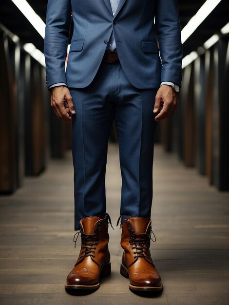 A man is standing in boots shoes and suit