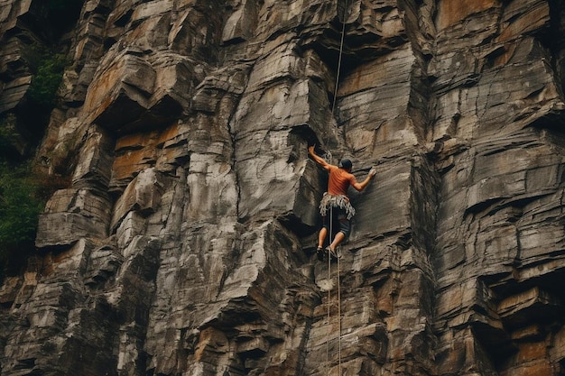 Мужчина стоит на скале с вытянутыми руками.