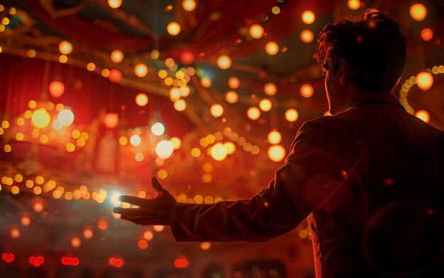 Man is standing in dark room with his hands open looking at the lights