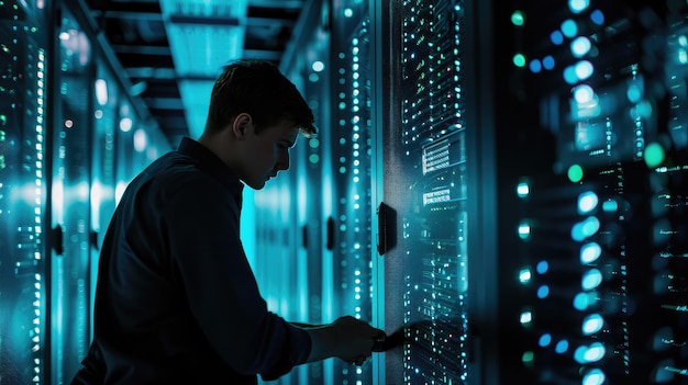 Man is standing in a data center with rows of server racks holding a tablet and presumably managing or monitoring the network infrastructure