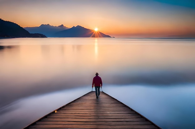 Foto un uomo è in piedi su un molo con il sole che tramonta dietro di lui